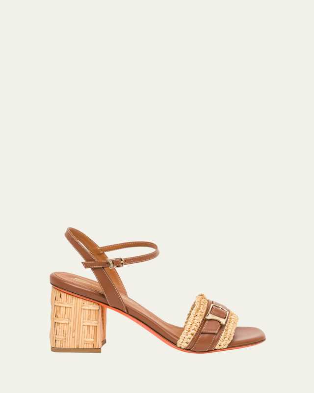 Vela Buckle Leather Raffia Block-Heel Sandals